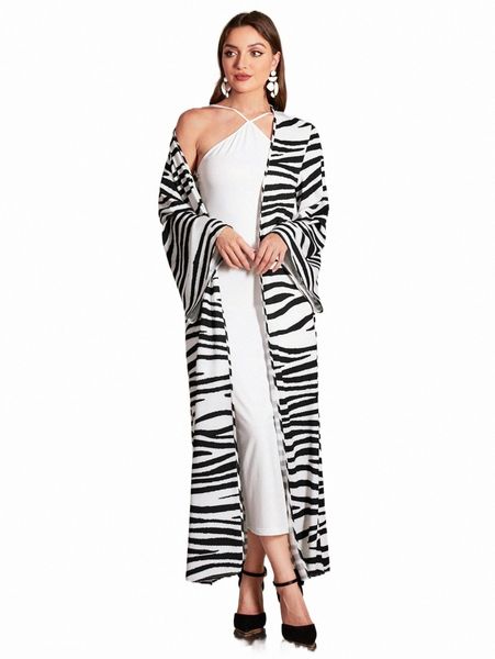 

zebra striped open front coat & split hem halter dress 70jb#, White