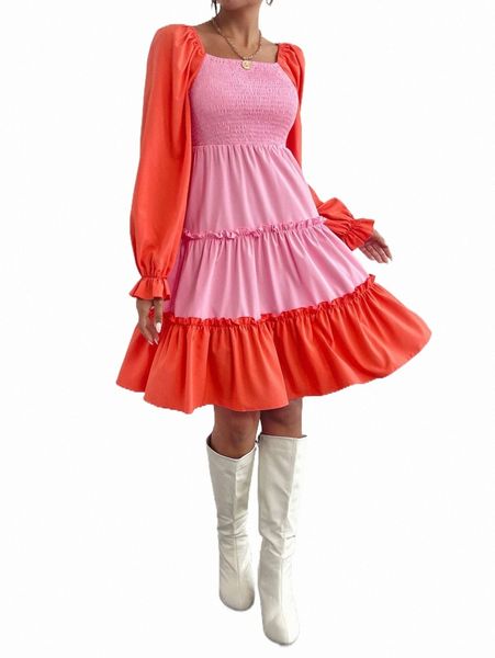 

colorblock lantern sleeve frill trim dress 78m5#, Black;gray