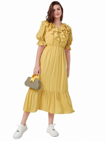 

puff sleeve ruffle trim dress 82ua#, Black;gray