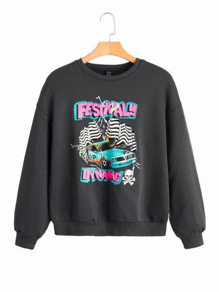 

car & letter graphic drop shoulder sweatshirt 73xj#, Black