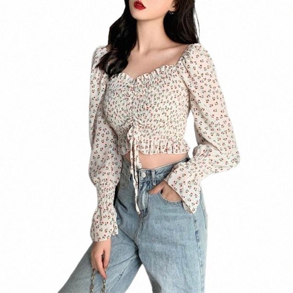

fashion women square neck drawstring long sleeve floral ruffles chiffon shirt women's t-shirt f0of#, White