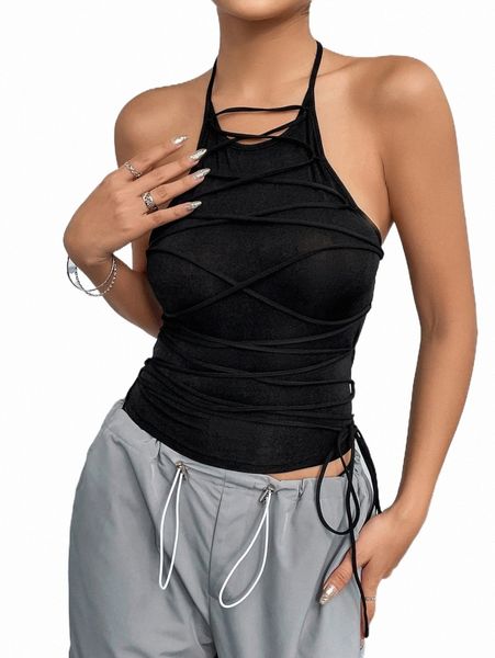 

lace up backless crop halter 28zp#, White