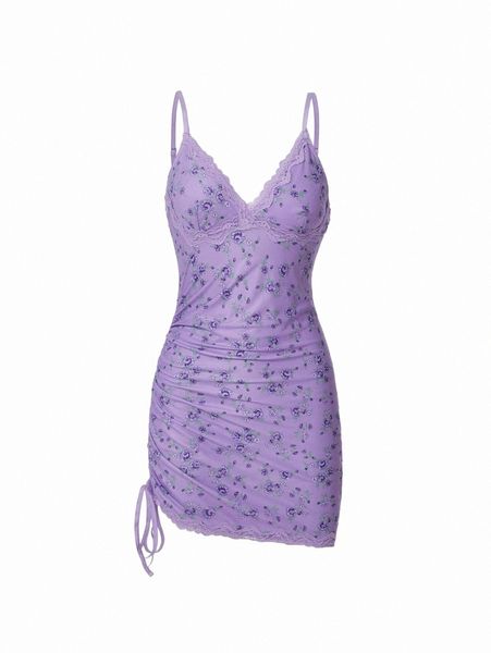 

mod ditsy floral lace trim drawstring side cami dress k5yu#, Black;gray