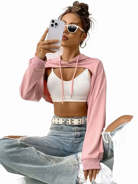 

high low hem drop shoulder drawstring hoodie without cami q7qo#, Black