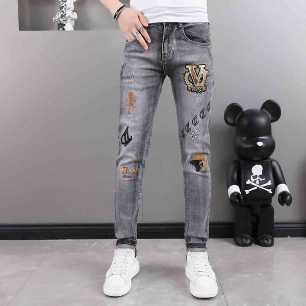

men's jeans light embroidered trendy jeans men's slim fit little feet trend grey pants elastic spring imp2, Blue