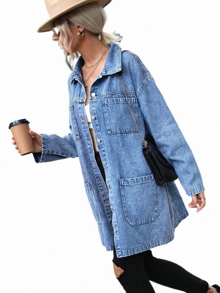 

drop shoulder pocket patched denim coat e9x0#, Black;brown