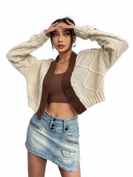 

contrast trim cable knit drop shoulder cardigan d6nv#, White;black