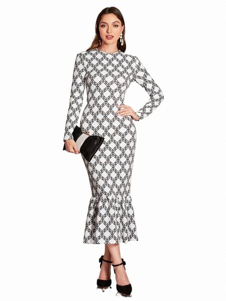 

geo print mermaid hem dress g4su#, Black;gray