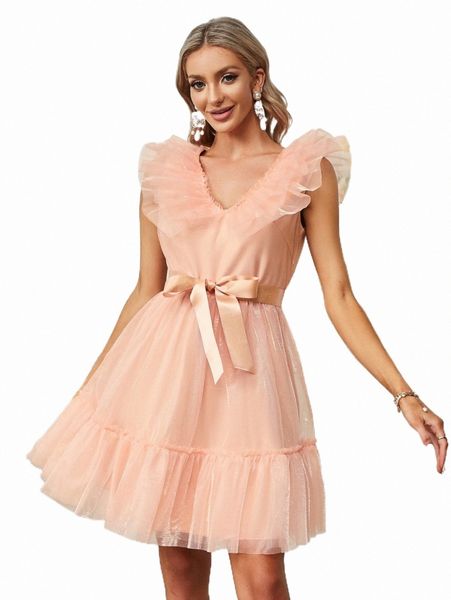 

simplee ruffle trim belted mesh dress 23jx#, Black;gray