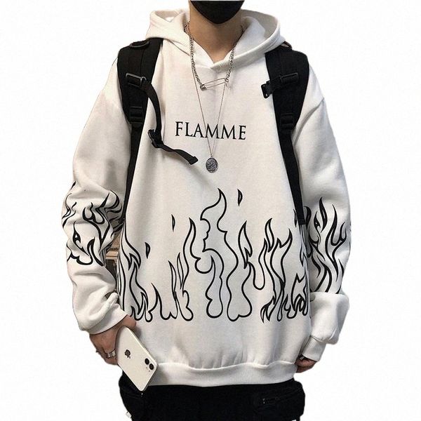 

men's hoodies & sweatshirts men flame print pullover sweatshirt harajuku loose long sleeve korean streetwear couple oversized autumn wi, Black