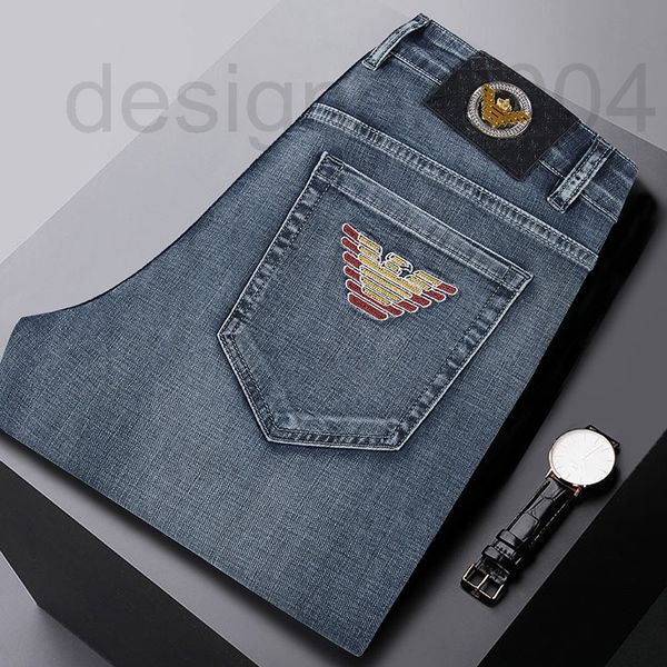

men's jeans designer european jeans men's elastic embroidery slim fit small straight tube gray summer thin style xjlg, Blue