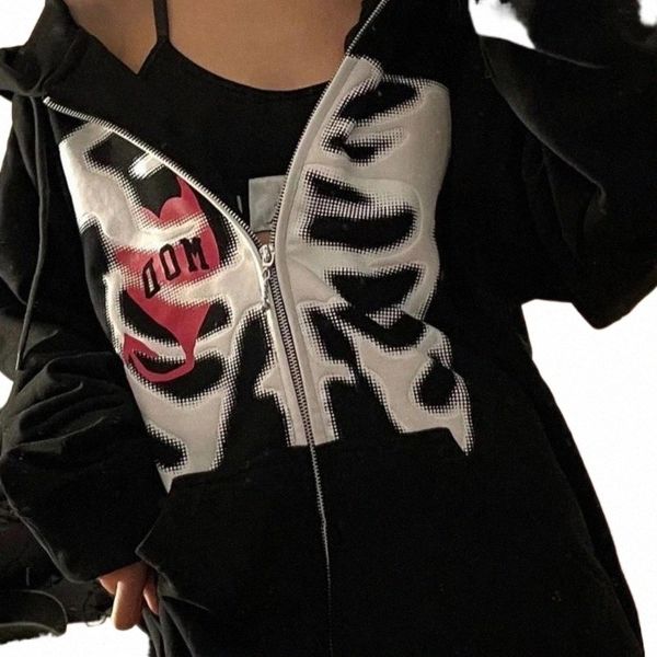 

women's hoodies & sweatshirts zip-up y2k harajuku korean style loose skull print goth grunge long-sleeved hooded coat solid color retro, Black