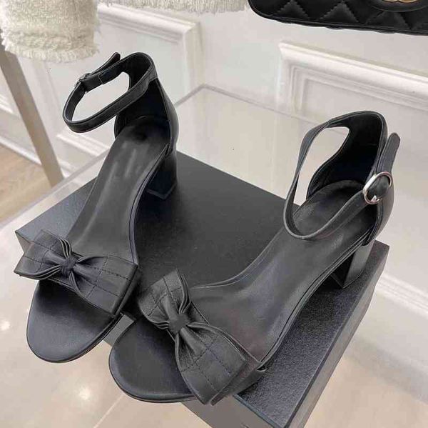 

leather sandals women's summer sandals with bows high heels open ends ankle straps, Black