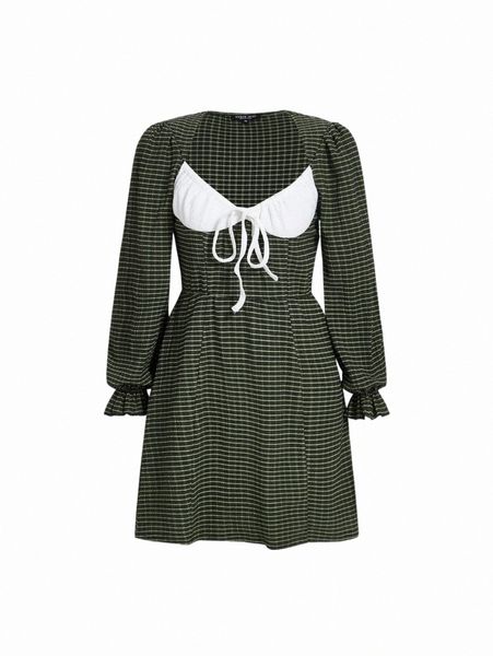 

mod plaid print tie front ruffle trim dress s4lk#, Black;gray