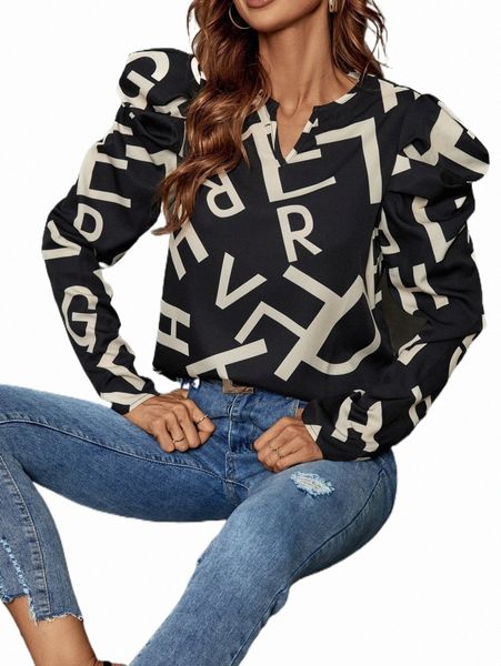 

allover letter notched neck puff sleeve blouse l16b#, White