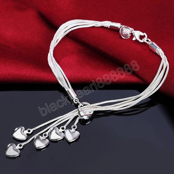 

925 sterling silver tassel love five heart snake chain bracelet for women wedding engagement party jewelry, Golden;silver