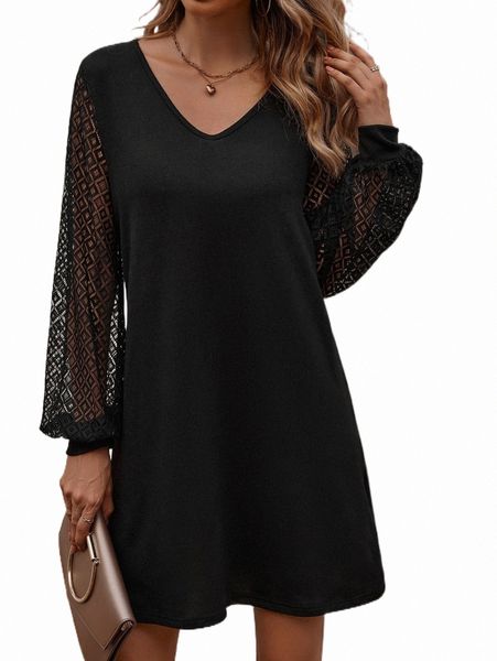 

contrast lace lantern sleeve tunic dress l2rm#, Black;gray