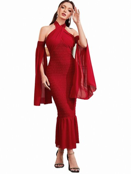 

halter neck split sleeve backless shirred dress 51wr#, Black;gray