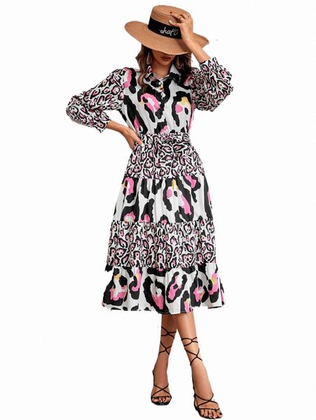 

random leopard print half button belted shirt dress r6yj#, Black;gray