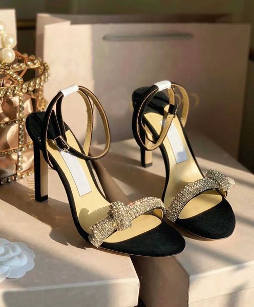 

luxury thyra sandals women high heels crystal bows ankle strap gladiator sandalias exquisite stiletto-heel aveline, Black