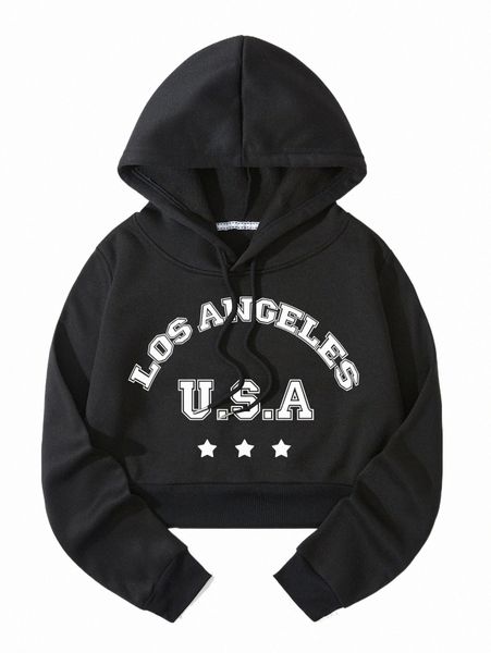 

star & letter graphic thermal lined crop drawstring hoodie v9u5#, Black