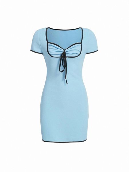 

mod contrast binding ruched tie front bodycon dress z3tj#, Black;gray
