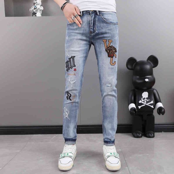 

men's jeans high end embroidered jeans men's youth fashion brand light color elastic slim fit leggings korean pants bxs5, Blue