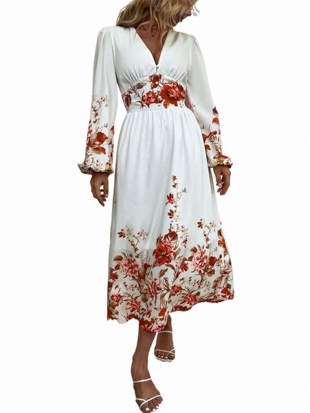 

floral print lantern sleeve dress 67l6#, Black;gray