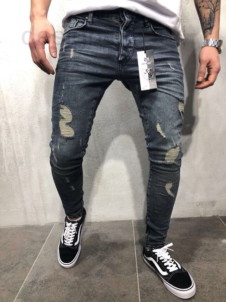 

men's jeans designer new jeans with holes men's fashion beggars slim stretch pants j4vl, Blue