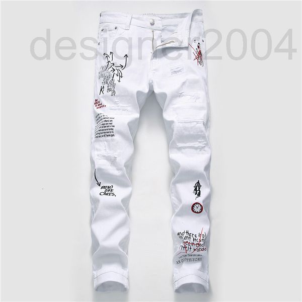 

men's jeans designer trendy casual pants men's elastic printing embroidered white hole patch dj style trendy pants youth rkji, Blue