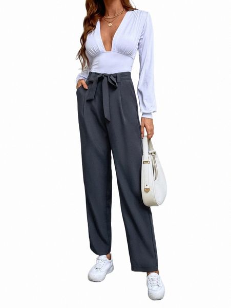 

solid belted straight leg pants i0q3#, Black;white