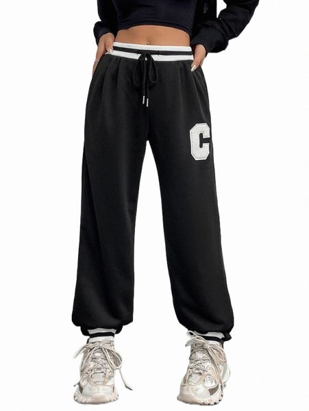 

contrast panel letter patched detail drawstring waist sweatpants c6rv#, Black;white