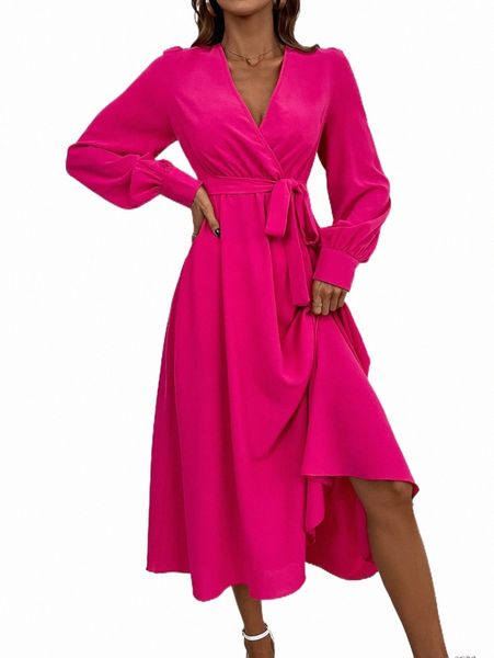 

surplice neck belted a-line dress j586#, Black;gray