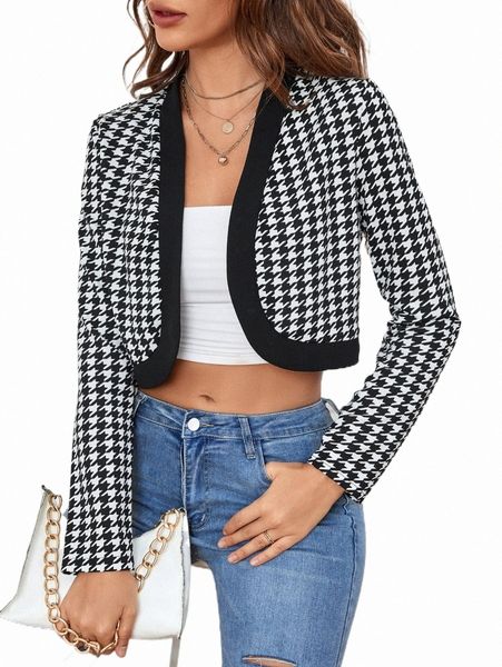 

houndstooth print open front crop jacket o47y#, Black;brown