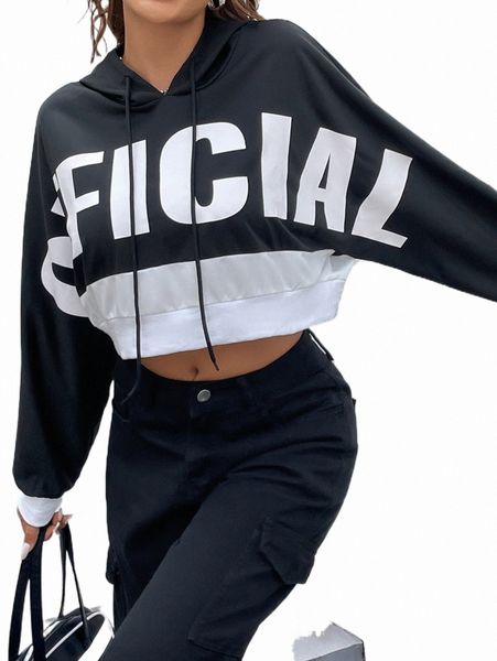 

letter graphic batwing sleeve two tone drawstring crop hoodie j3cb#, Black