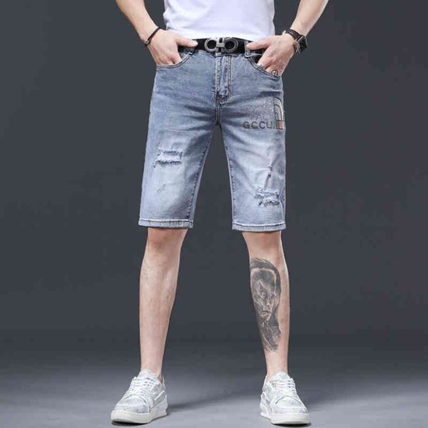 

men's jeans blue jeans men's summer thin high-end fashion brand slim fit and versatile printed casual 5-point shorts 55x3