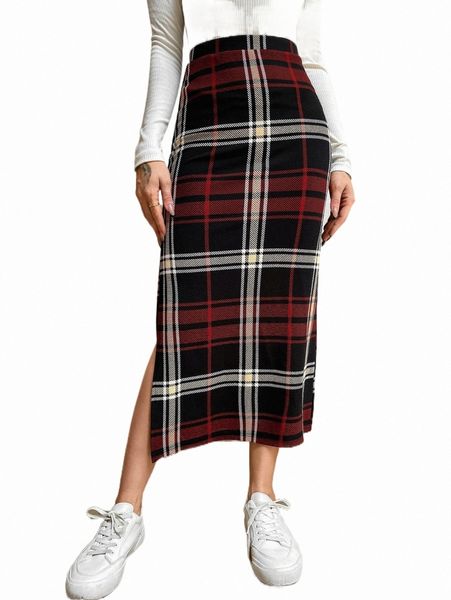 

plaid print split thigh skirt b8dm#, Black