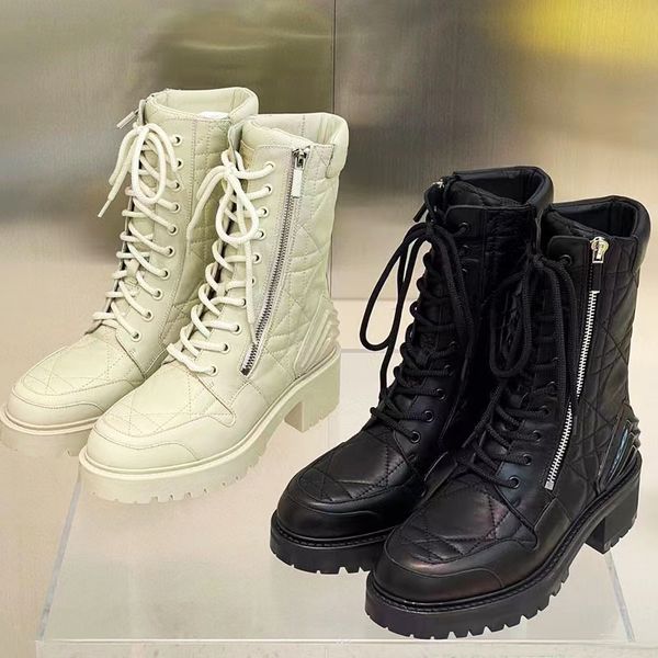 

2022 new lingge short boots thick bottom color matching lace up leather side zipper versatile medium tank martin boots, Black