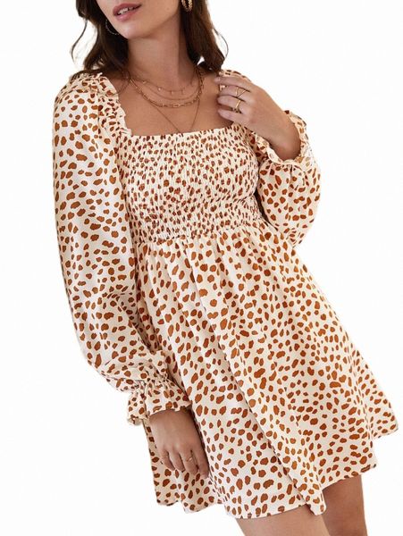 

frenchy dalmatian print square neck flounce sleeve dress h5hk#, Black;gray