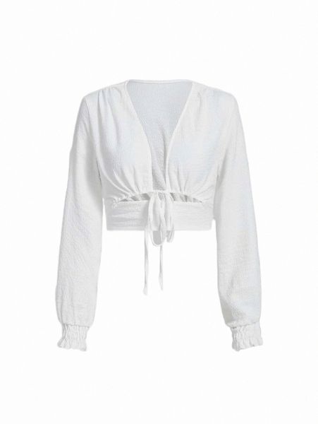

mod solid tie front crop blouse 63jr#, White