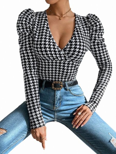 

houndstooth print gigot sleeve tee w7cb#, White