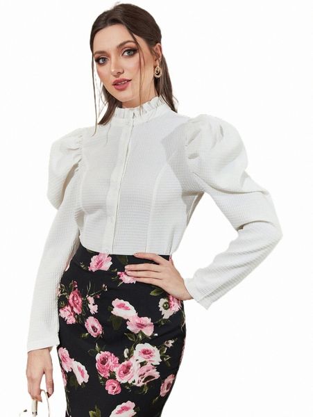 

frill trim gigot sleeve shirt b0eq#, White