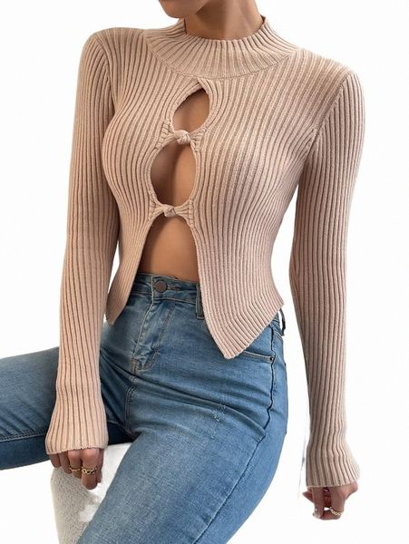 

mock neck cut out split hem sweater i8lf#, White;black