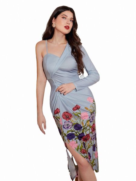 

floral print asymmetrical neck split thigh dress u8zz#, Black;gray