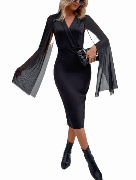 

surplice neck mesh split sleeve dress l9yk#, Black;gray
