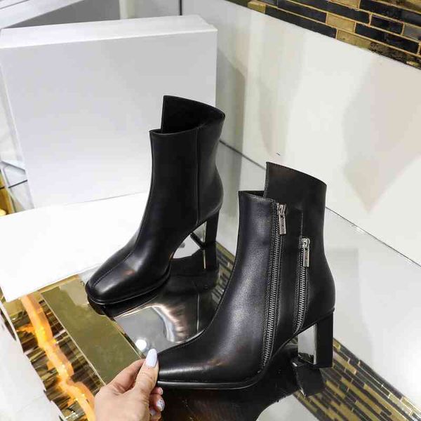 

women's leather boots sole high-heeled winter shoes square head fashion series, Black