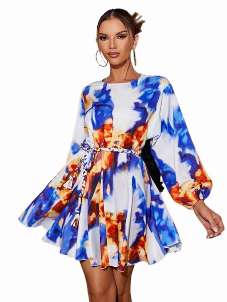 

glamaker tie dye lantern sleeve belted dress m0ot#, Black;gray