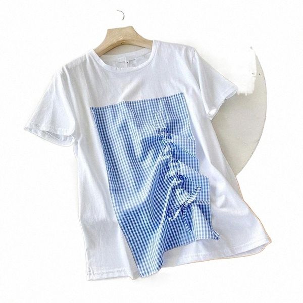 

summer women's products niche design collar checkered stitching drawstring short sleeve et104 t-shirt 83jn#, White