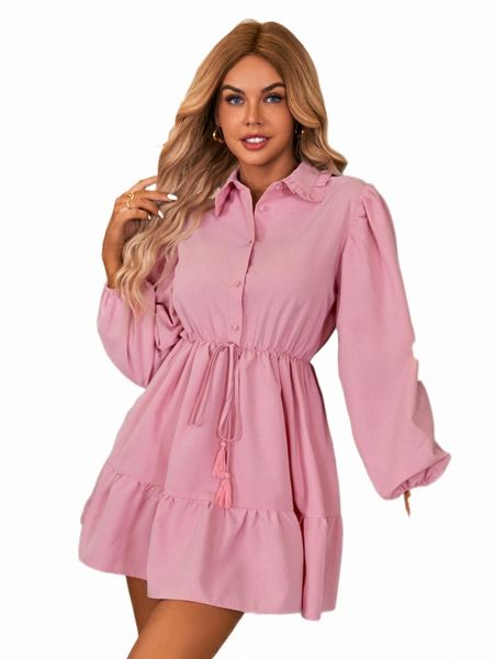 

lantern sleeve tassel tie waist ruffle hem shirt dress i5wv#, Black;gray