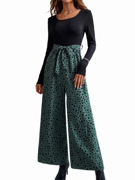 

dalmatian print keyhole back belted wide leg jumpsuit n8il#, Black;white